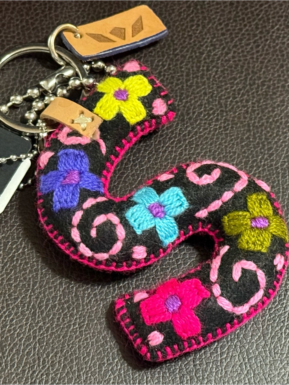 Consuela “S” Initial Black Felt Bag Charm/ Keychain